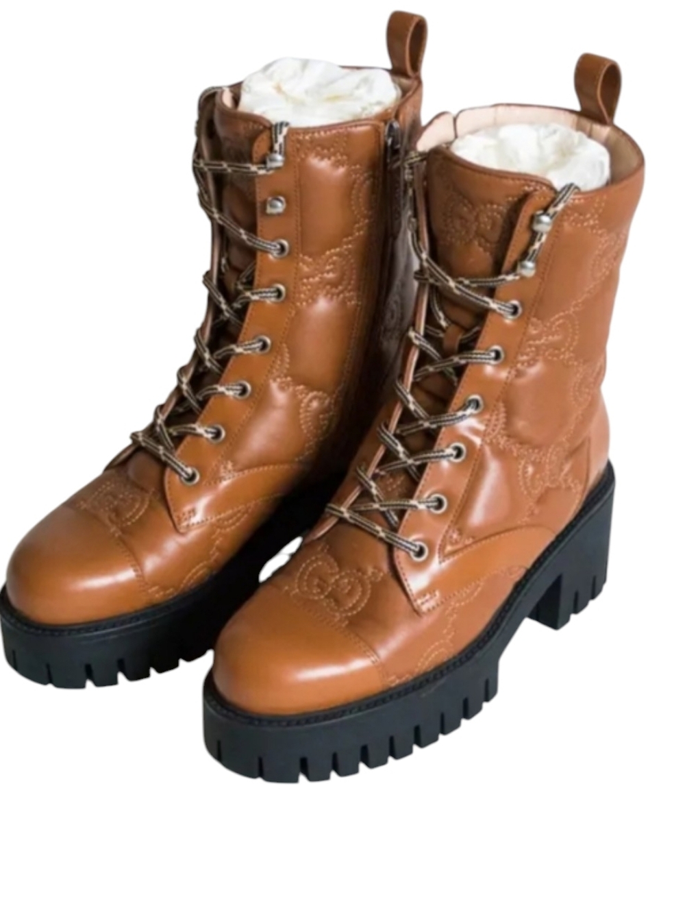 GUCCI GG Matelasse Lux Nappa Leather Combat Boots Brown Leather Brand New